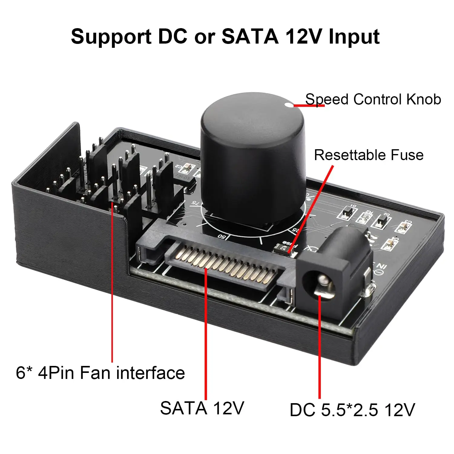 PWM Fan Controller 6 Fans Supported , PC Fan Adapter Hub Powered by SATA and DC 5525, Cooling Fan Speed Knob with Max Total 60W