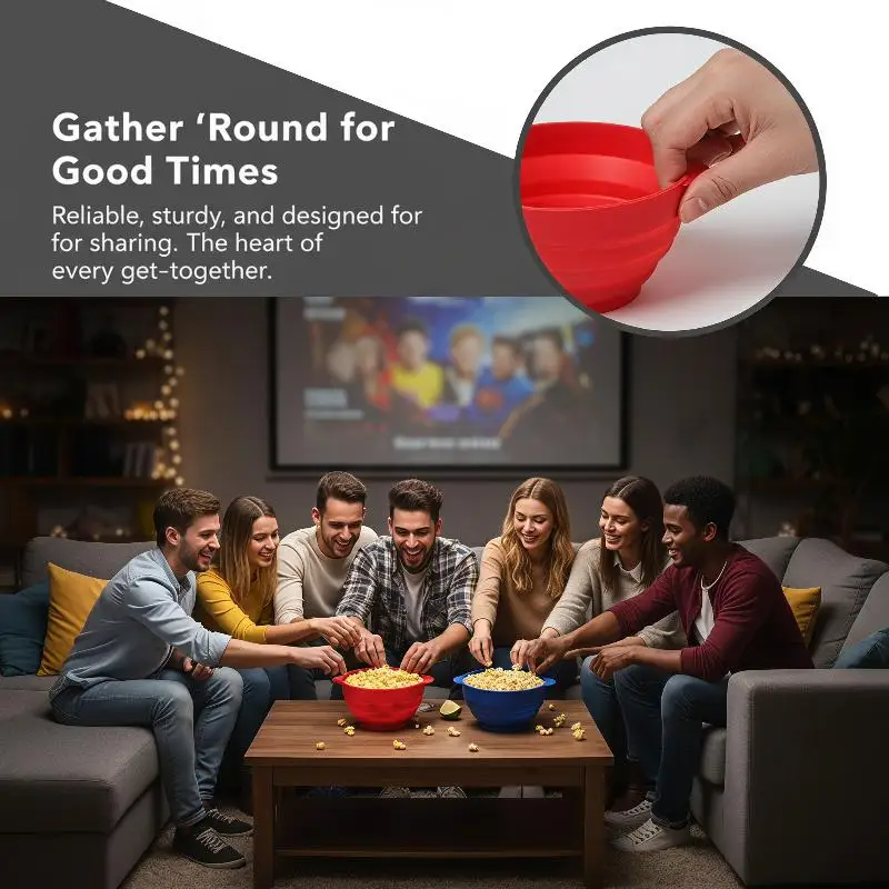 Eco Friendly Collapsible Silicone Popcorn Popper Microwave Bowl with Lid for Home Bar Movie Watching