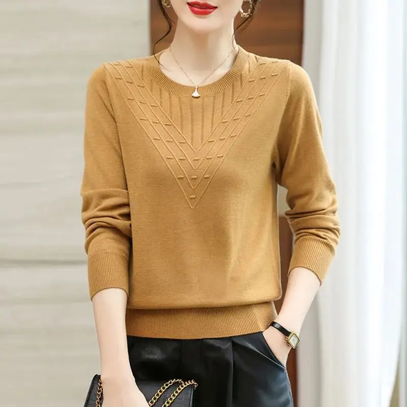 Round Neck Screw Thread Women\'s Clothing Autumn Winter Solid Color Pullover Sweater Knitted Elegant All-match Flattering Tops