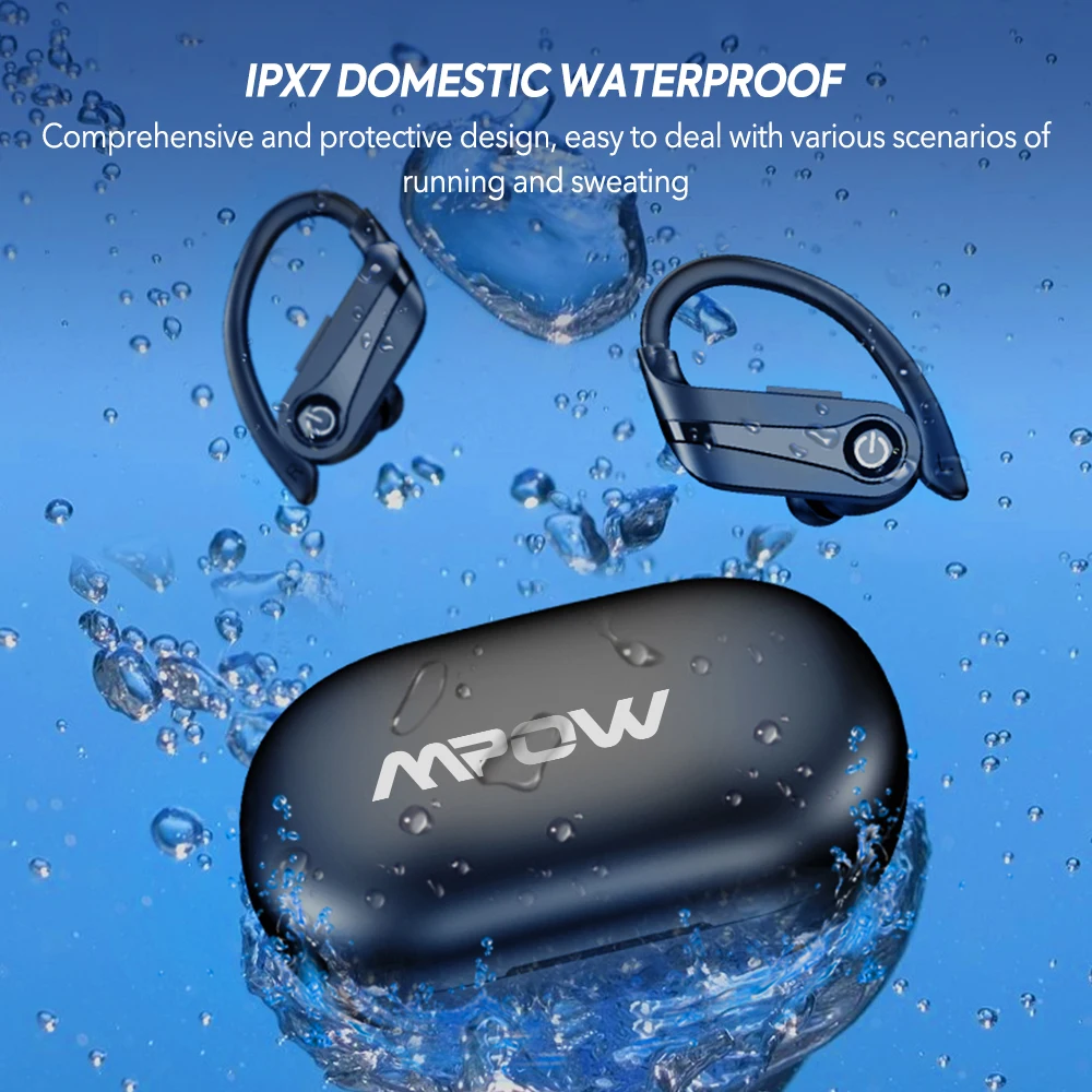 Mpow Q63 Bluetooth 5.3 Wireless Earbuds with Mic IPX7 Waterproof 200H Earphones with Hooks for Sports Running Workout Gym