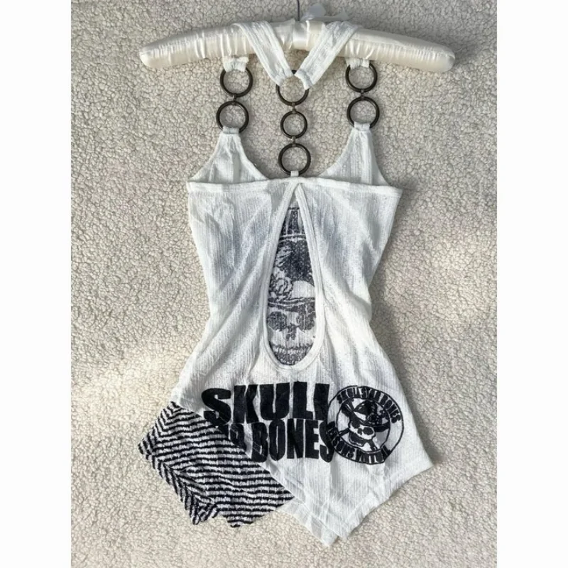 

Summer American spicy girl subculture skull print striped women's vest sample Y2K Harajuku slim fit trendy women's striped top