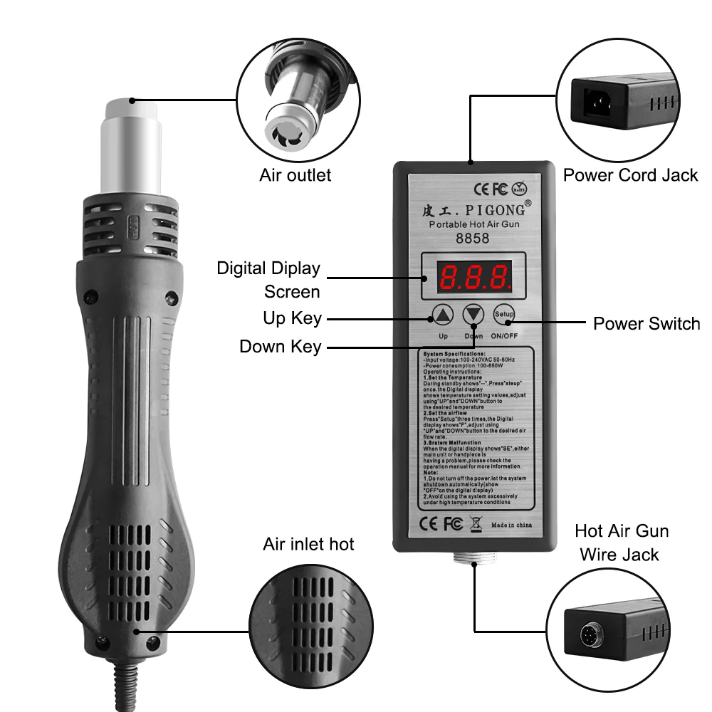 High quality 220V Portable BGA Rework soldering station Hot Air Blower Heat Gun 8858 Better Hand-held hot air gun 6pcs nozzle