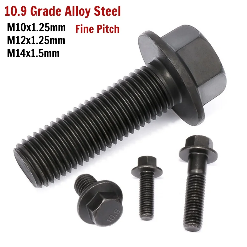 Flanged Hexagon Bolts  Fine Pitch  M10 M12 1.25mm M14 1.5mm Metric 10.9 Grade Alloy Steel Black Flange Screws for Motocycle Car