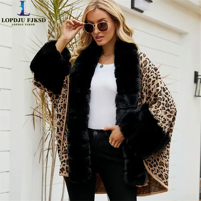 Women's Leopard Print Faux Fur Jacket Warm Thick Autumn Winter Cloak Shawl European American Style for Ladies