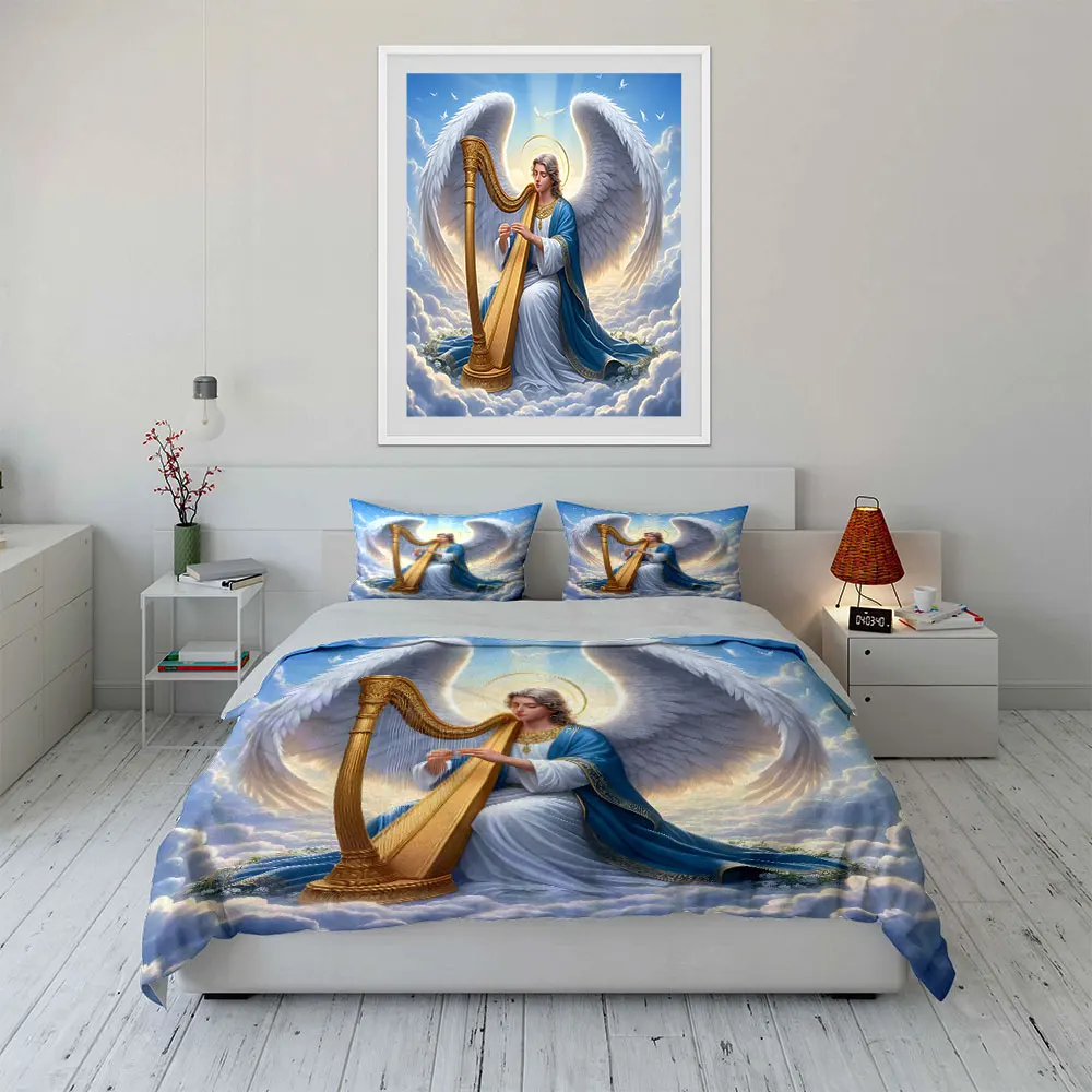 Angel Playing Harp in Clouds Pattern Duvet Cover Set Digital Print Colorful Polyester Bedding with Zipper Closur for kids gifts