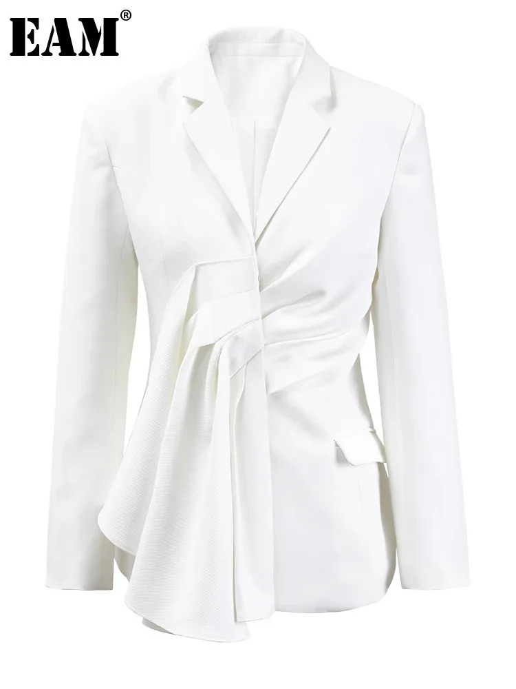 [EAM] Women White Irregular Pleated Elegant Blazer New Lapel Long Sleeve Jacket Fashion Tide Spring Autumn 2024 CPDB052