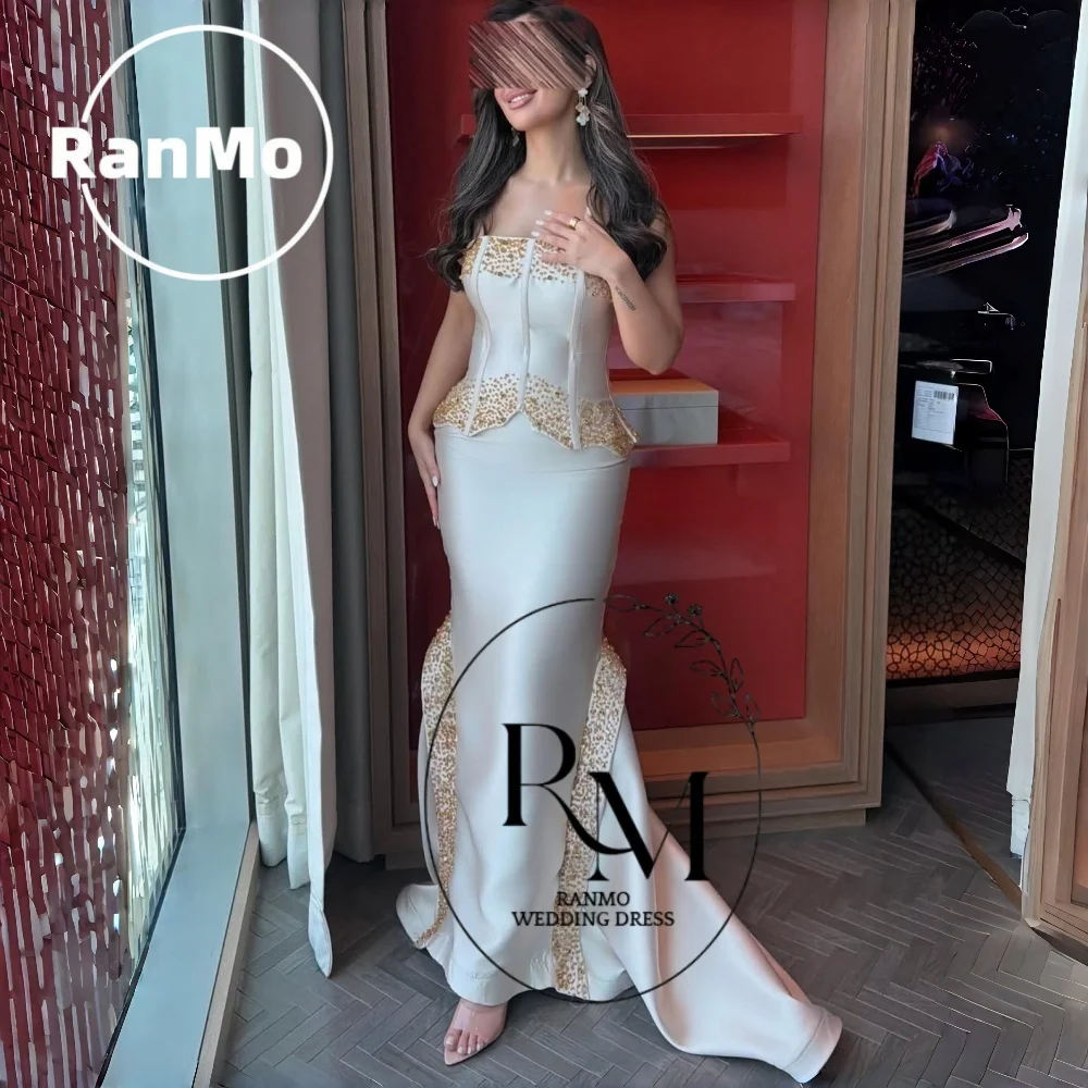 Ranmo Modern Satin Mermaid Evening Dresses Strapless Beaded Pleat Floor-Length شارون سعيد Sleeveless Corest New 2026 Prom Gown