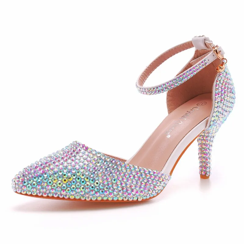 

Women Summer Shoes New Fashion Party Rhinestone Buckle Strap PU 9CM Thin Heels Fashion Party Wedding Shoes Prom Women Shoe Color
