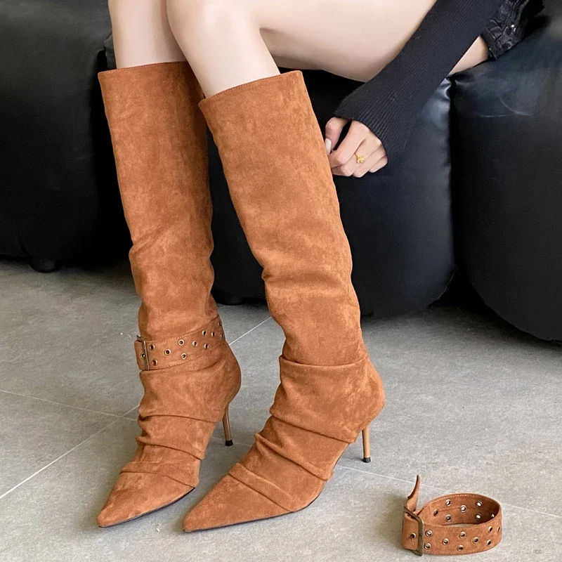 

Aneikeh/Новые осенне-зимние ботинки на тонком высоком каблуке, модные женские модельные туфли до колена с пряжкой на ремне и острым носком