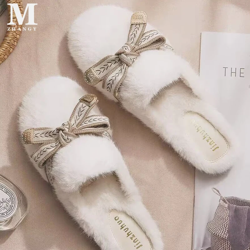 Bow Fur Flats Women Slippers Plush Slingback Mules Shoes Winter Home Cotton Casual Woman Flip-flops New Trend Mujer Boots