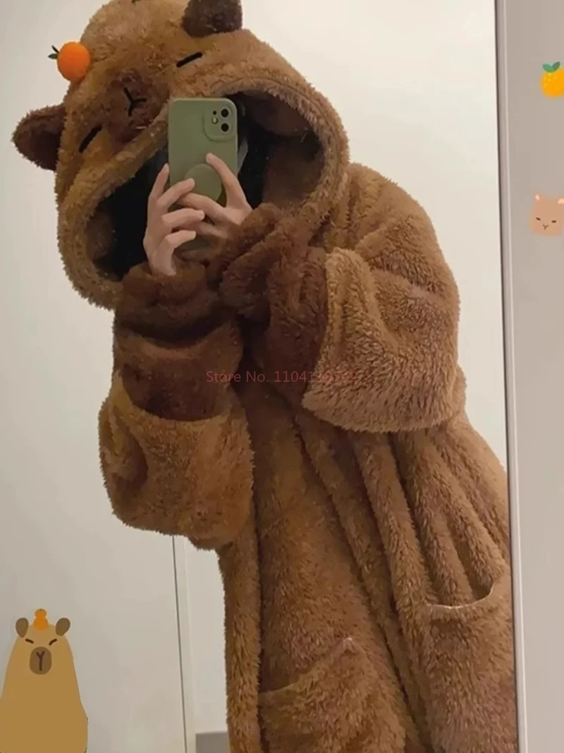 Cute Capibara Adult Pajamas Onesies Cartoon Pyjama Halloween Cosplay Thickened Warm Home Clothes Suit Gift Animal Sleepwear