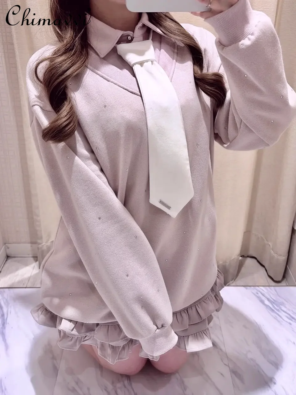 

Heavy Rhinestone Fine Sparkle Bow Tie Preppy Sweatshirt Dress Spring and Summer New Japanese Fashion Long Sleeves Loose Tops