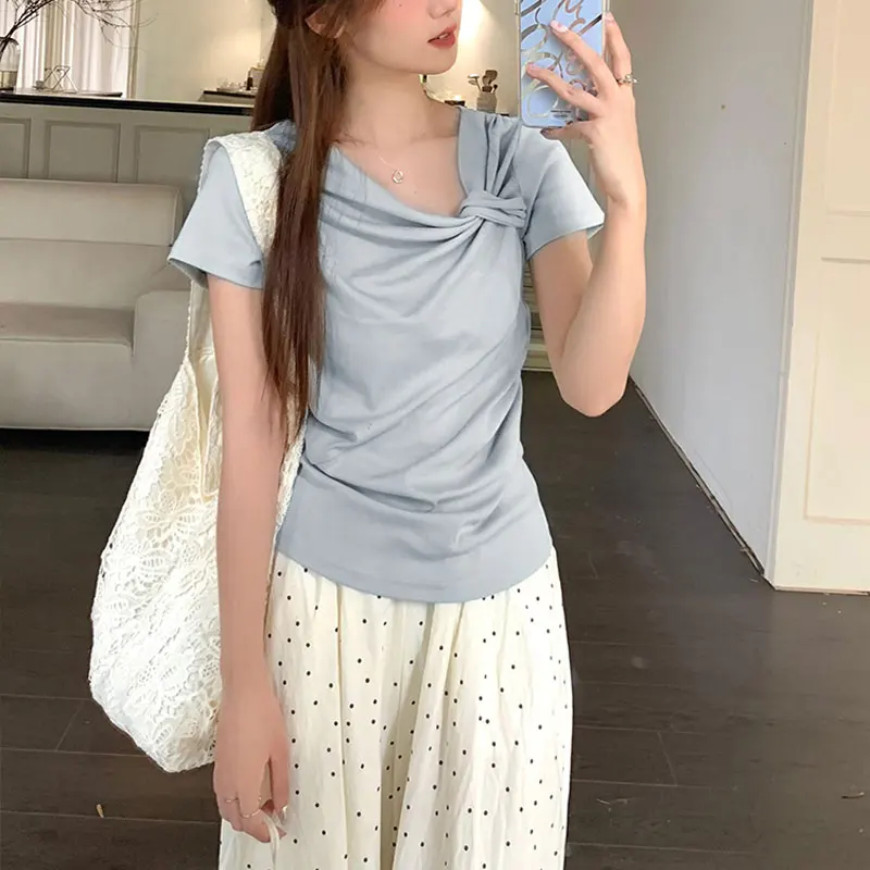

Summer Stylish Irregular Folds T-shirt Casual Short Sleeve Women's Clothing Asymmetrical Slim Hotsweet Solid Color Pullovers New