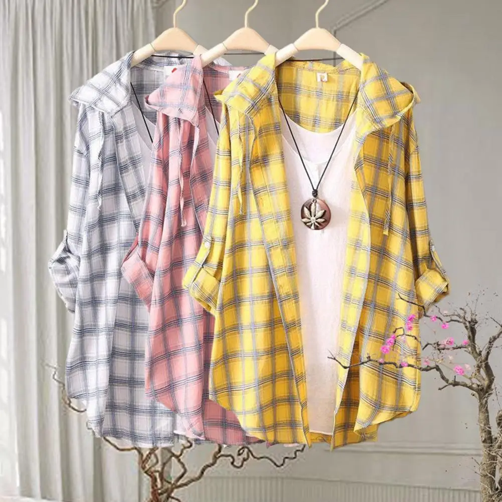 

Sun Protection Shirt Women's Summer Mid-Length Loose Shirt Cardigan Korean Plaid Hooded Long Shirt Autumn Thin Cardigan Coat
