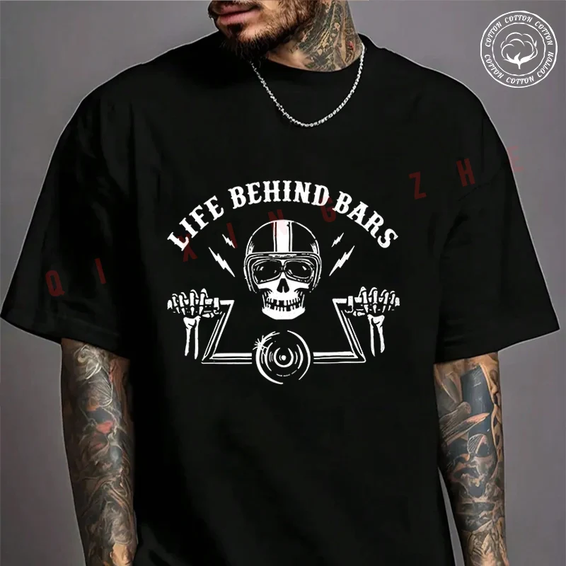 

Life Behind Bars Biker Skull Ape Hangers Motorcycle T-Shirt Men's Cotton Summer Casual Short Sleeve Round Neck Tees