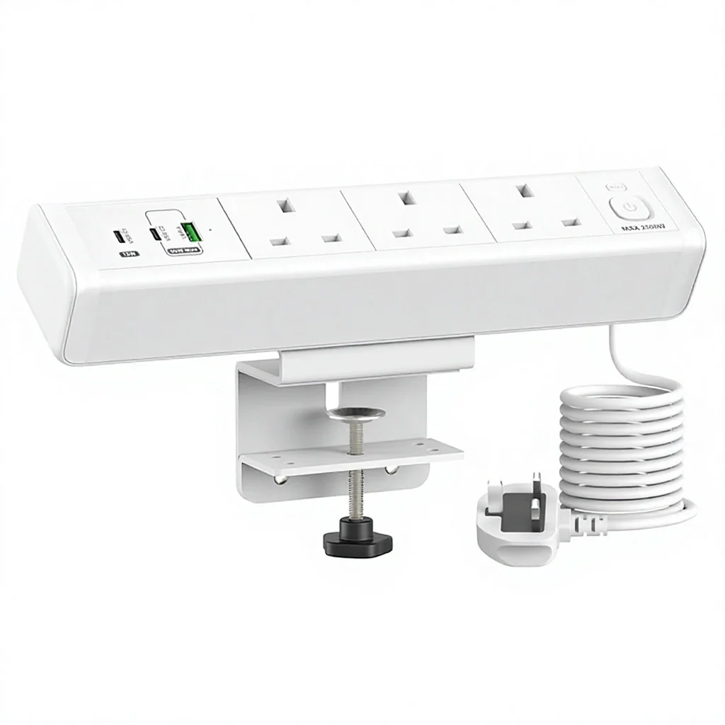 UK-standard 3-outlet USB Power Strip 2 Type-C Ports 65W Fast Charging; Features Swiveling Secure Desktop UK-plug Holder On/off