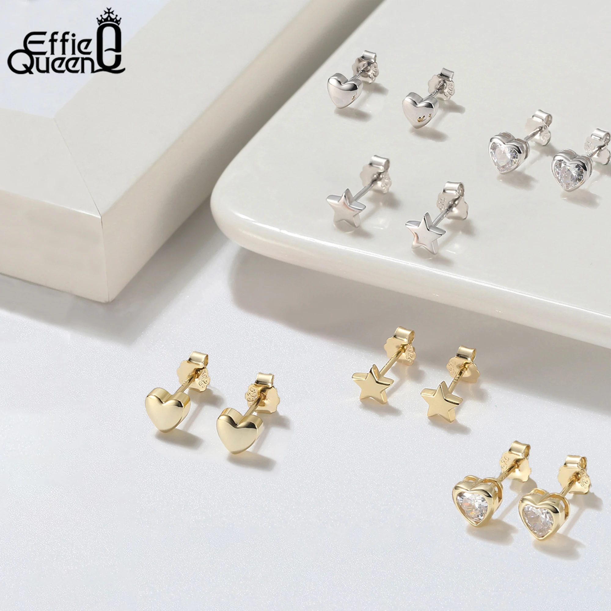 

EFFIE QUEEN S925 Silver Small & Exquisite Stud Earrings CZ, Pearl and Plain Silver Decor Star, Heart & Oval Style Jewelry APE42
