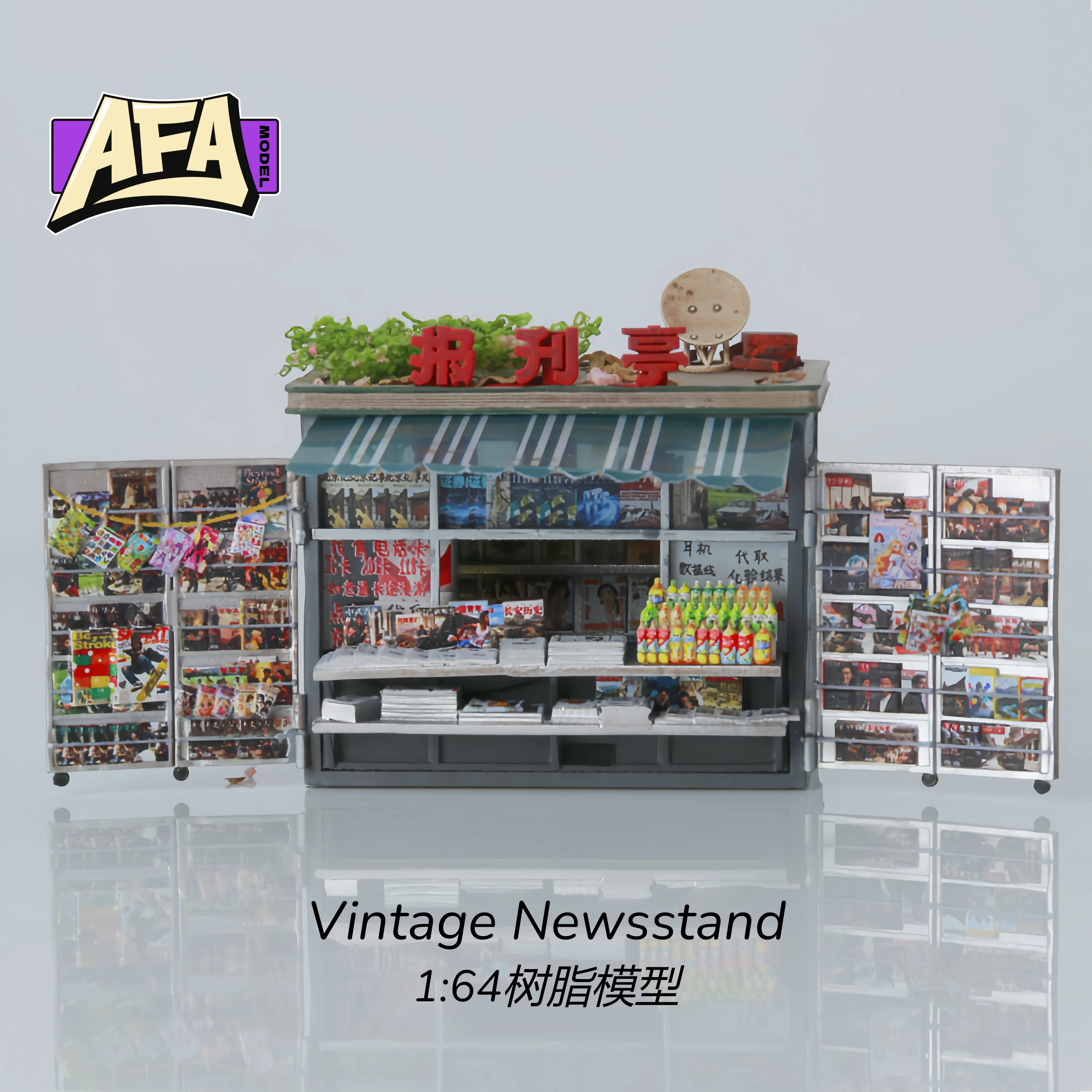 1/64 Scale Vintage Newsstand Kiosk Model Street Scene Diorama Miniature Resin Book Magazine Stand Model Car Scene Accessories