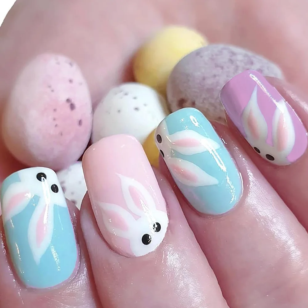 24pcs Ins Macaron rabbit Press on Nails Small Flowers Print Fake Nail Tips Wearable Easter Cute Short Round False Nails for Girl