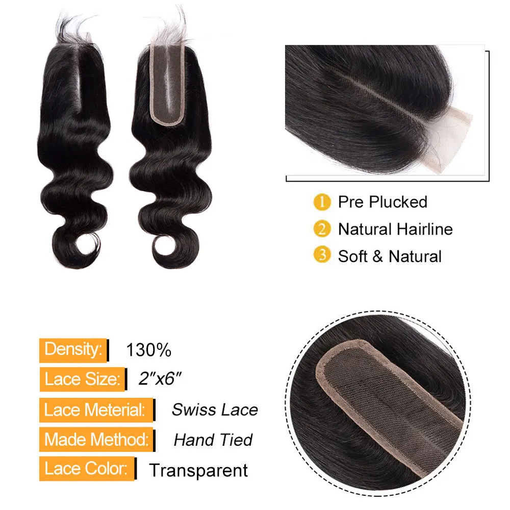 2x6 Human Hair Closure  12-26 inch  Body Wave 2x6 Lace Closure for Women Transparent Kim Lace Closure Human Hair Extensions