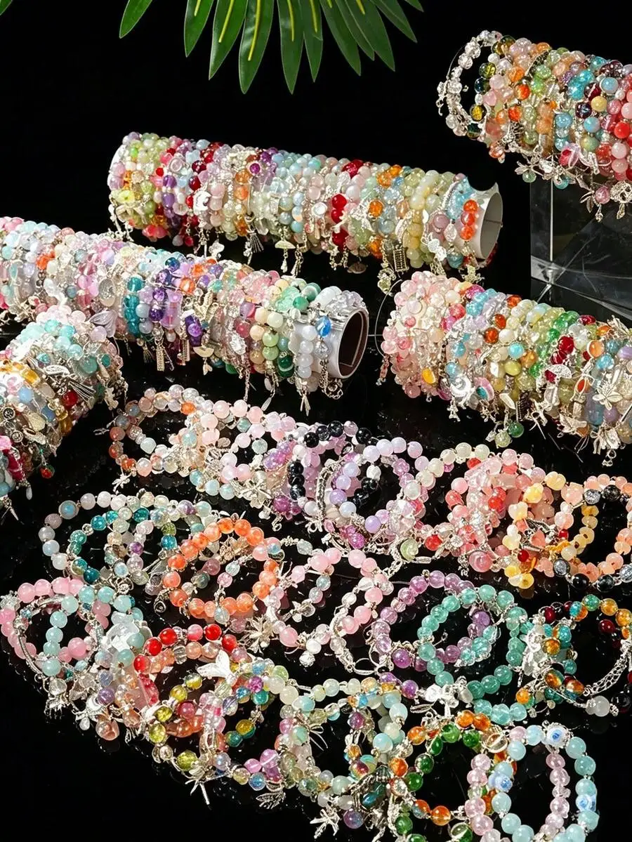 

Mixed Colorful Beaded Glass Crystal Charm Bracelet Set With Bowknot Flower Butterfly For Women