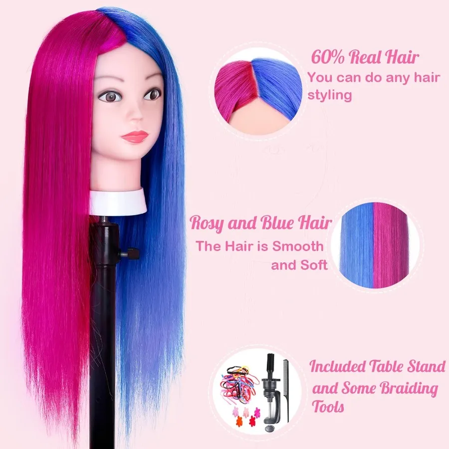 رأس عارضة أزياء مع 60 شعر بشري حقيقي لتدريب التجميل: 26 رأس دمية مع حامل طاولة مثالي لممارسة تصفيف الشعر