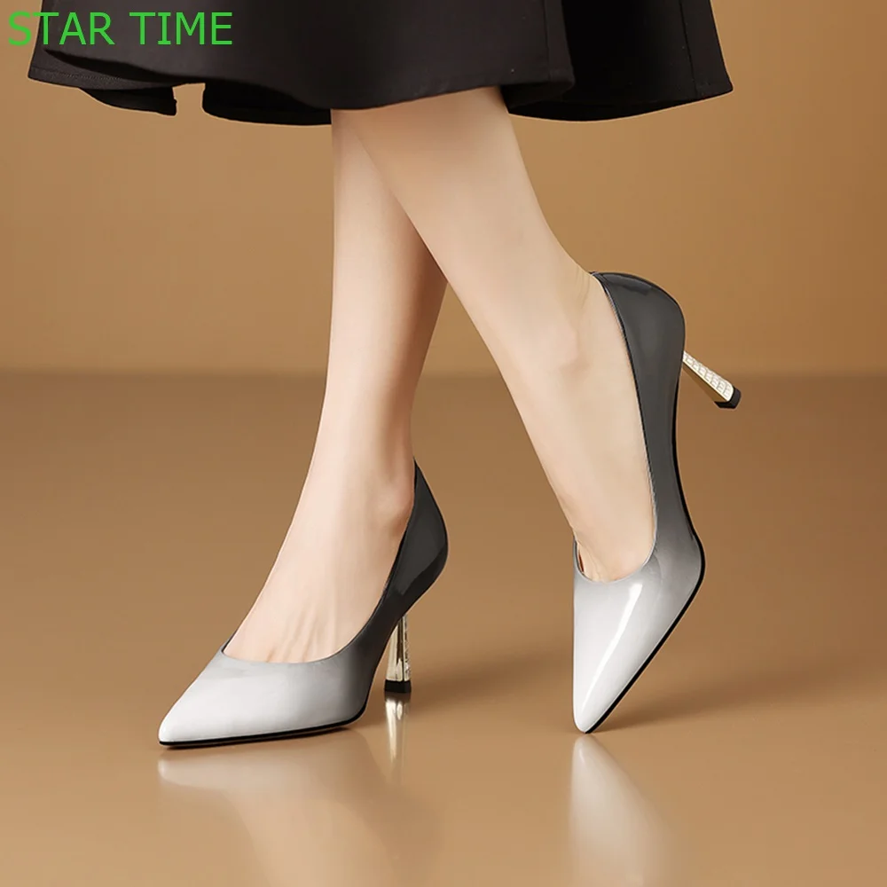 

Pointed Toe Patent Leather Gradient Shoes 2024 Spring New Shallow Slip On 7.5Cm High Heels Black/pink Fashion Women Pumps