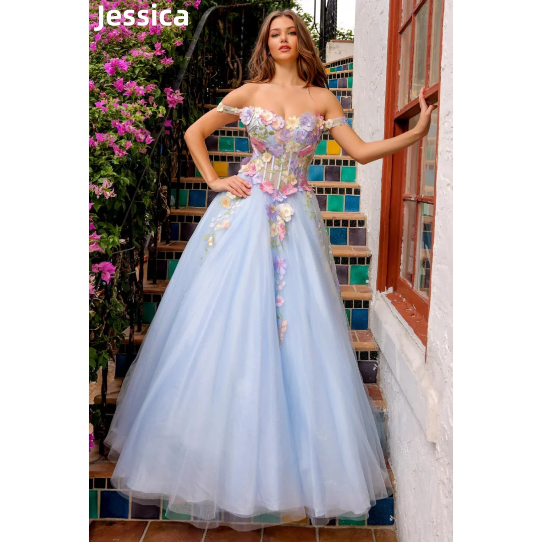 Jessica Sky Blue Flowers Prom Dresses Tulle Off The Shoulders Evening Dresses Wedding Dress Formal Party Dresses Robes De Soirée