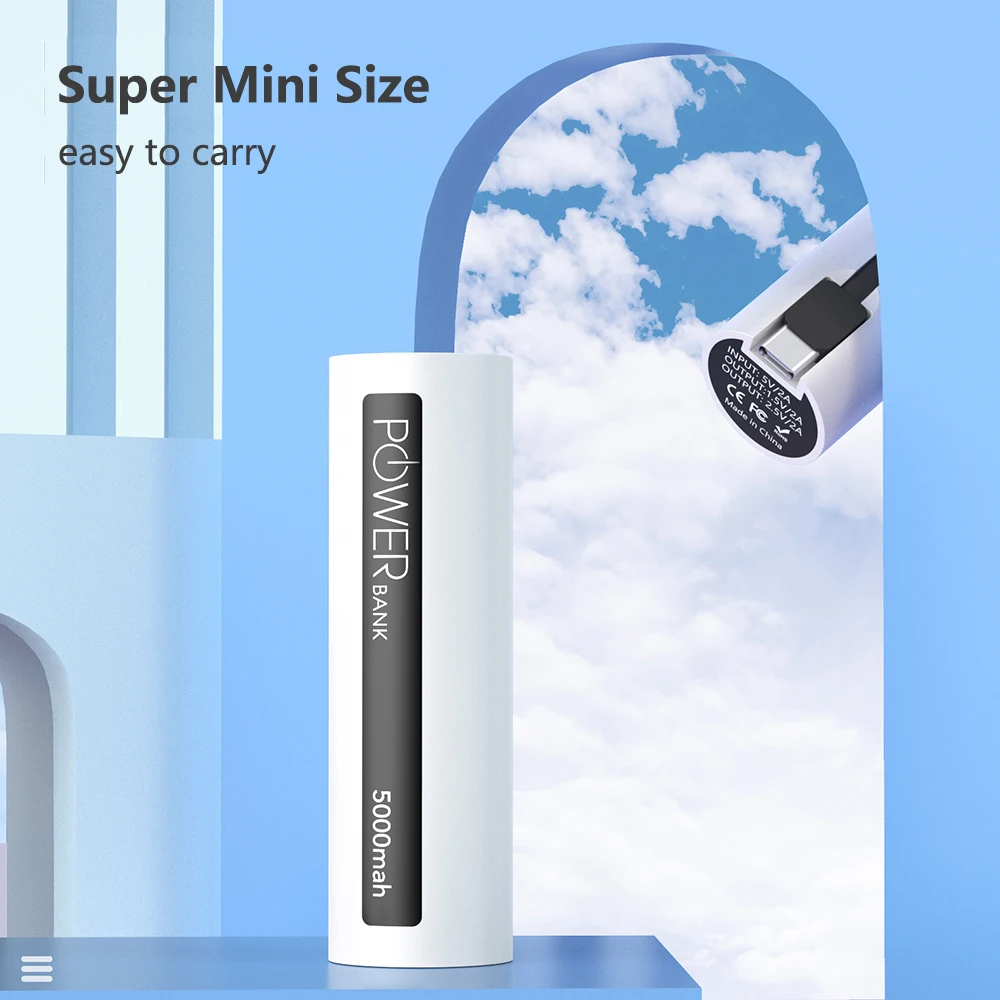 

Мини-пауэрбанк 5000 мАч с кабелем USB-C, внешний портативный аккумулятор для iPhone, Xiaomi, Huawei, Samsung, запасной источник питания