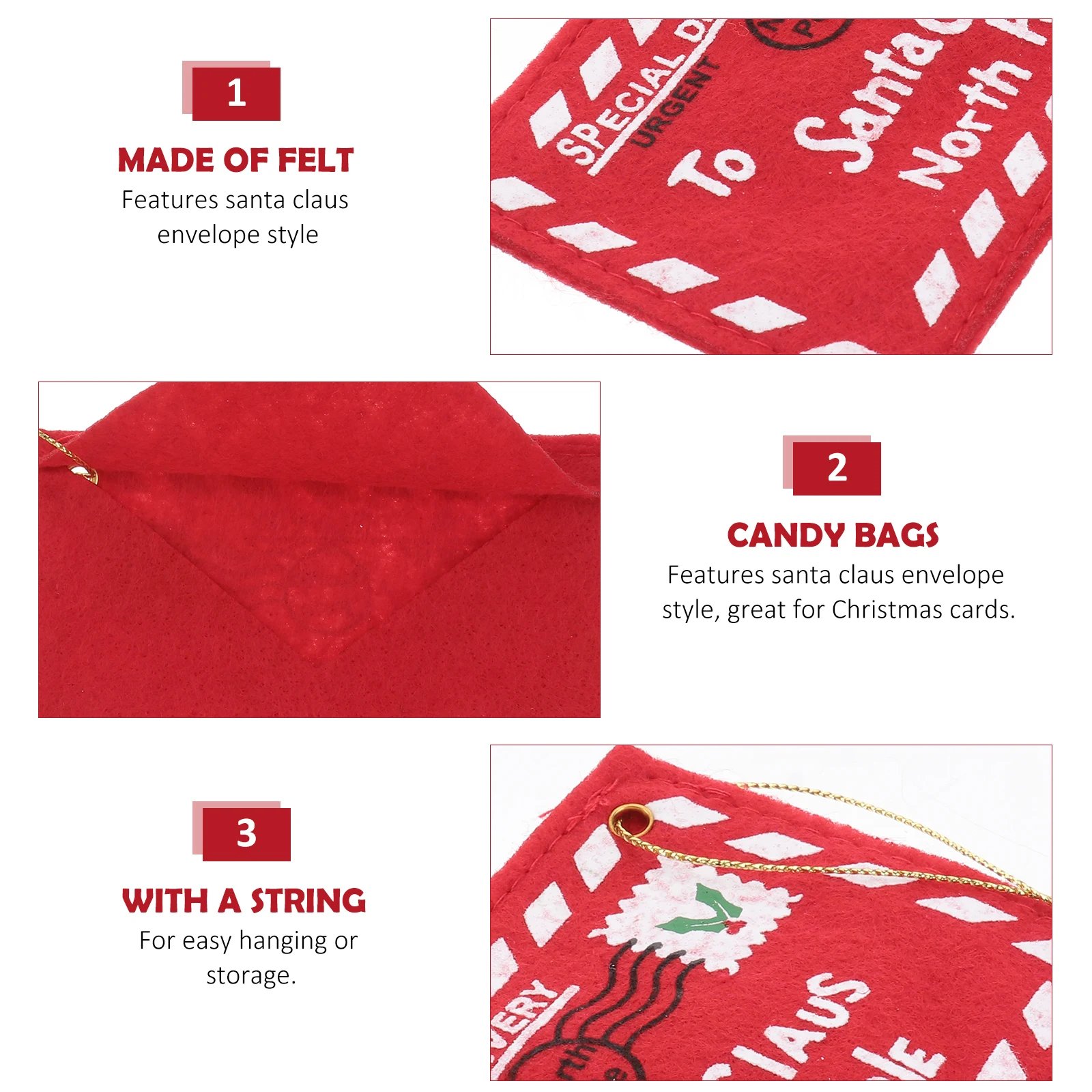 

10pcs Santa Claus Felt Envelope Red 12X8Cm Christmas Candy Bag Gift Storage Ornament Hanging String Embroidery Decor