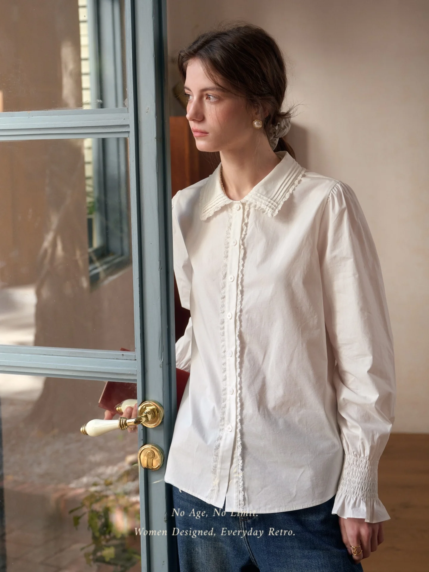 

SimpleRetro Spring Guest Pure Cotton Lace Trimmed White irt Women's Ele Commuting Top French Sle Loose Fit Long Sve