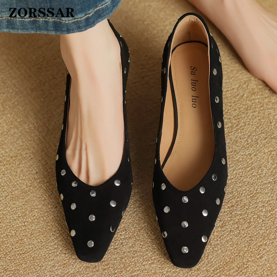Women's Natural Suede Leather Rivet Decoration Slip-on Pumps Elegant Ladies 4.5cm Thick Med Heel Daily Dress Heeled Shoes Woman