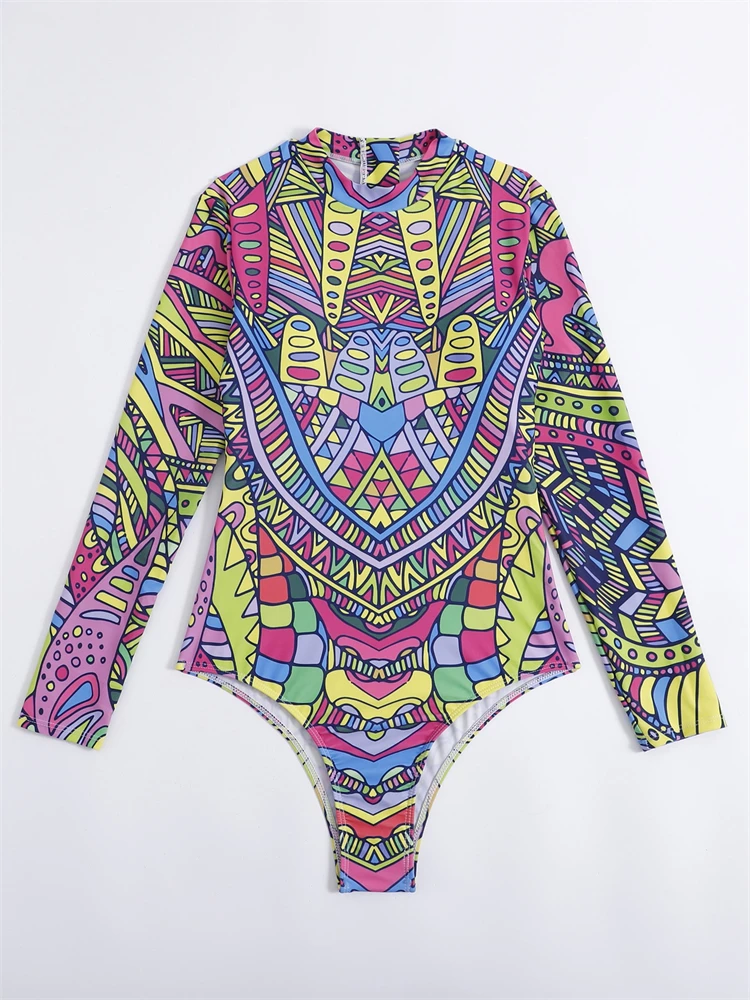 One Piece Swimsuit Women 2024 New Print Long Sleeve Swimwear Sexy Zipper Bodysuit Monokini Summer Beach Wear Bathing Suit Female