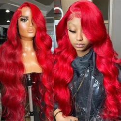 13x4 Hot Red Lace Front Human Hair Wigs Body Wave Burgundy Red Colored Transparent Lace Front Wigs Human Hair Remy 200% Density