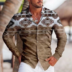 Men's retro patterned autumn shirts casual men's long sleeved shirt outdoor personality men's tops street loose men's clothing