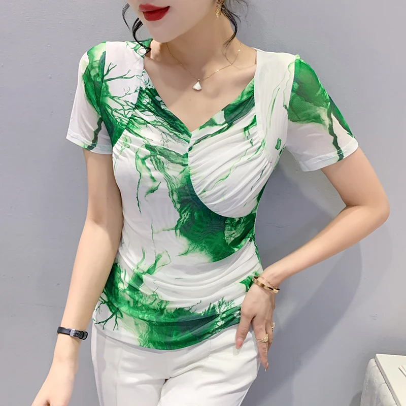 Printing Mesh T-shirt New Female Short Sleeve Tshirts Tops Women 2024 Summer High Stretch Folds V Neck Tees HF8362