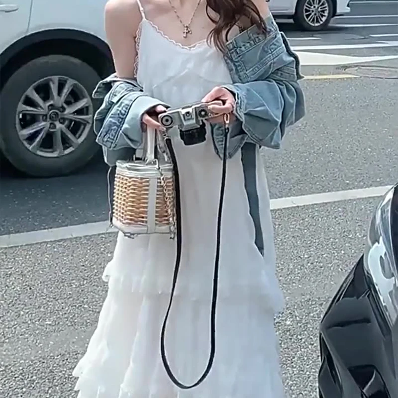 Vestido largo sexi de verano para mujer, vestido Vintage informal con volantes y tirantes Maxi, vestido veraniego para la playa, Vestidos de fiesta de encaje liso elegante