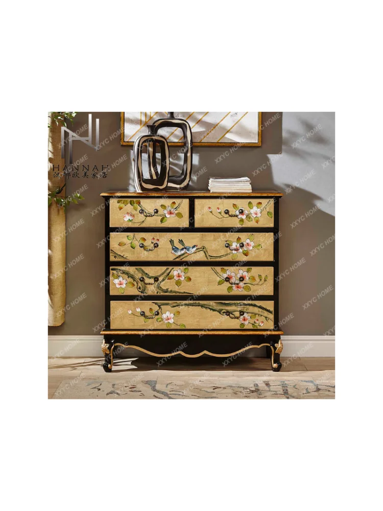 Pastoral Furniture Fresh Delicate Flowers and Birds Solid Wood Chest of Drawers Antique Large Storage Hallway Dining Side