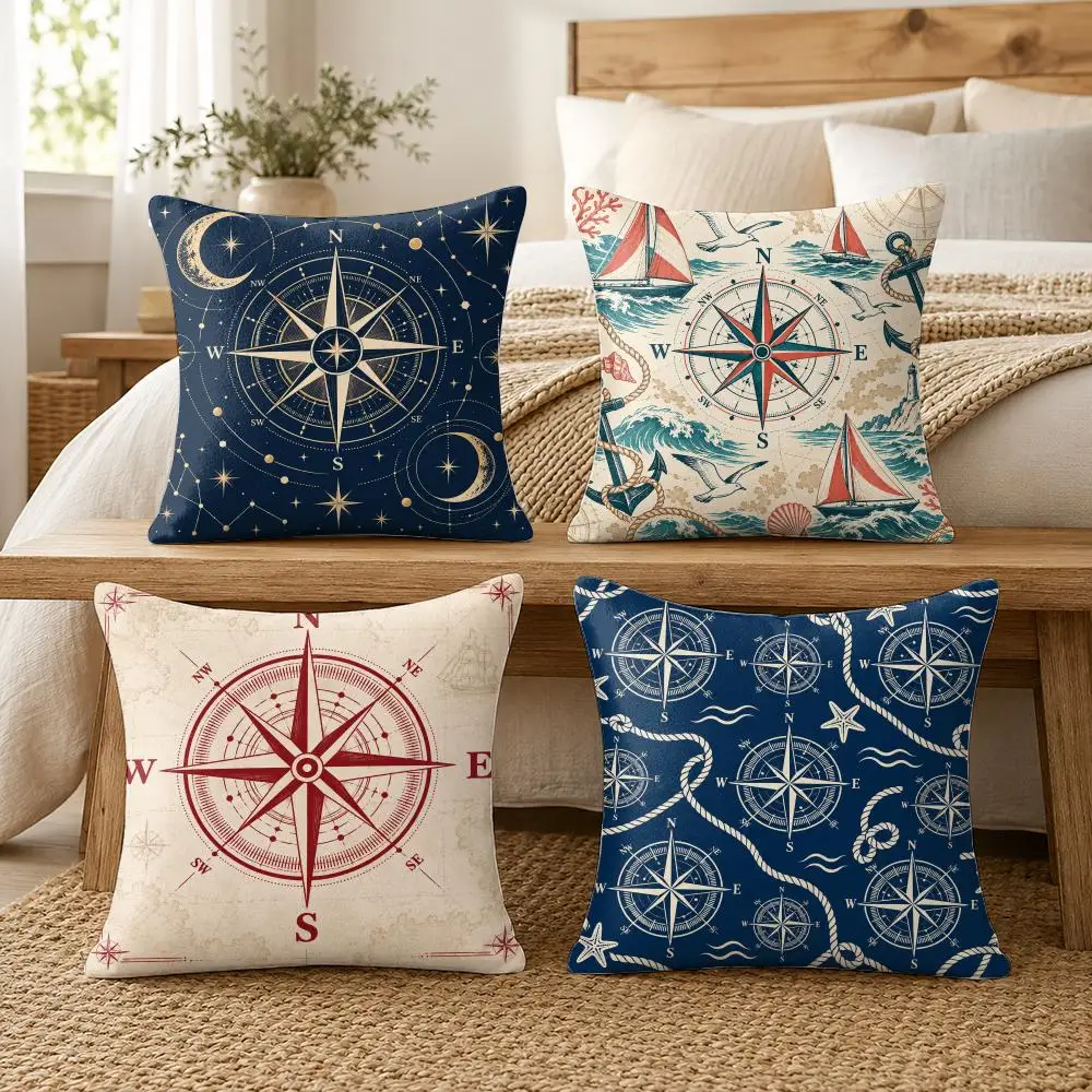 Nautical Compass Print Cushion Cover Soft Short Plush Pillow Cases Hidden Zipper Cutecore Sofa Bedroom Home Decor Gift