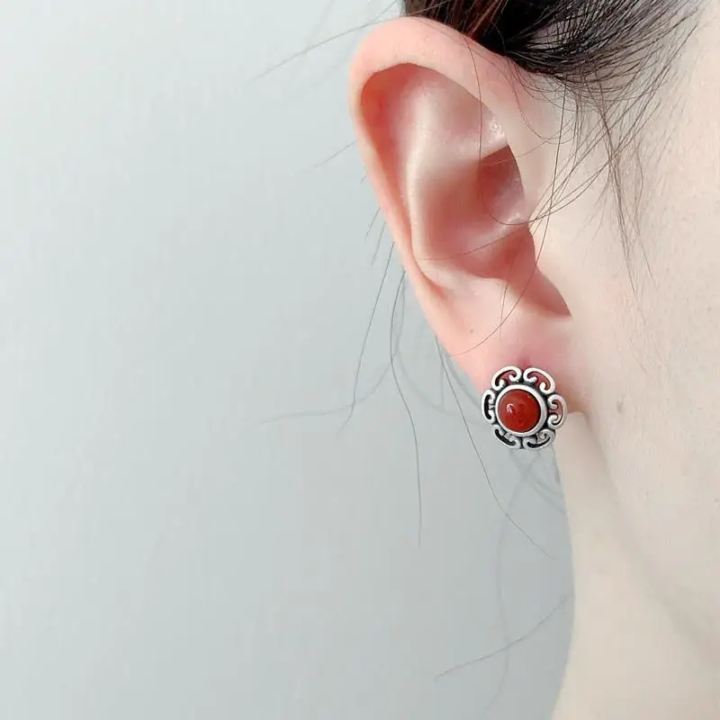 925 Silver Vintage South Red Tourmaline Flower earings stud Ethnic Style earrings for women Charms Exquisite Banquet Jewelry