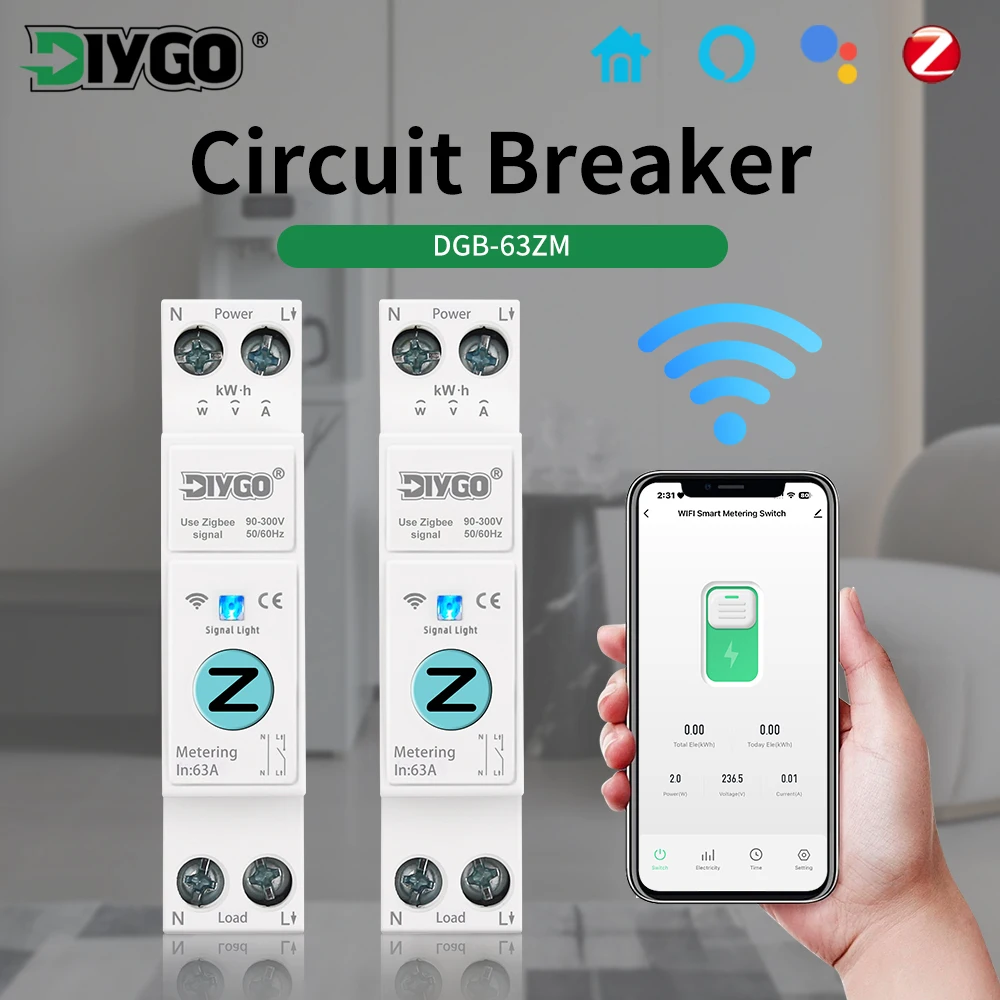 

ZigBee WIFI Circuit Breaker Voltage Current Meter 50/60Hz Wireless Remote Control Timer Relay 63A DGB-63ZM Home Smart Switch