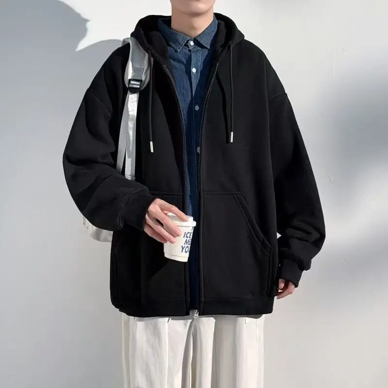 Men's Spring 2027 Hooded Sweatshirt Jacket, Lightweight and Loose-Fitting Fall Top, Available in Gray, Black, and Brown.