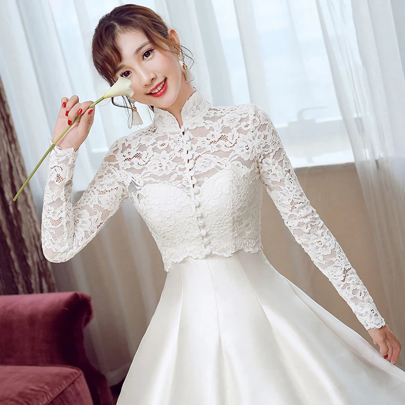 

Full Sleeve Lace Wedding Jacket Bridal Bolero 2022 with Collar Button Bride Shrug Women Summer Bridal Shawl