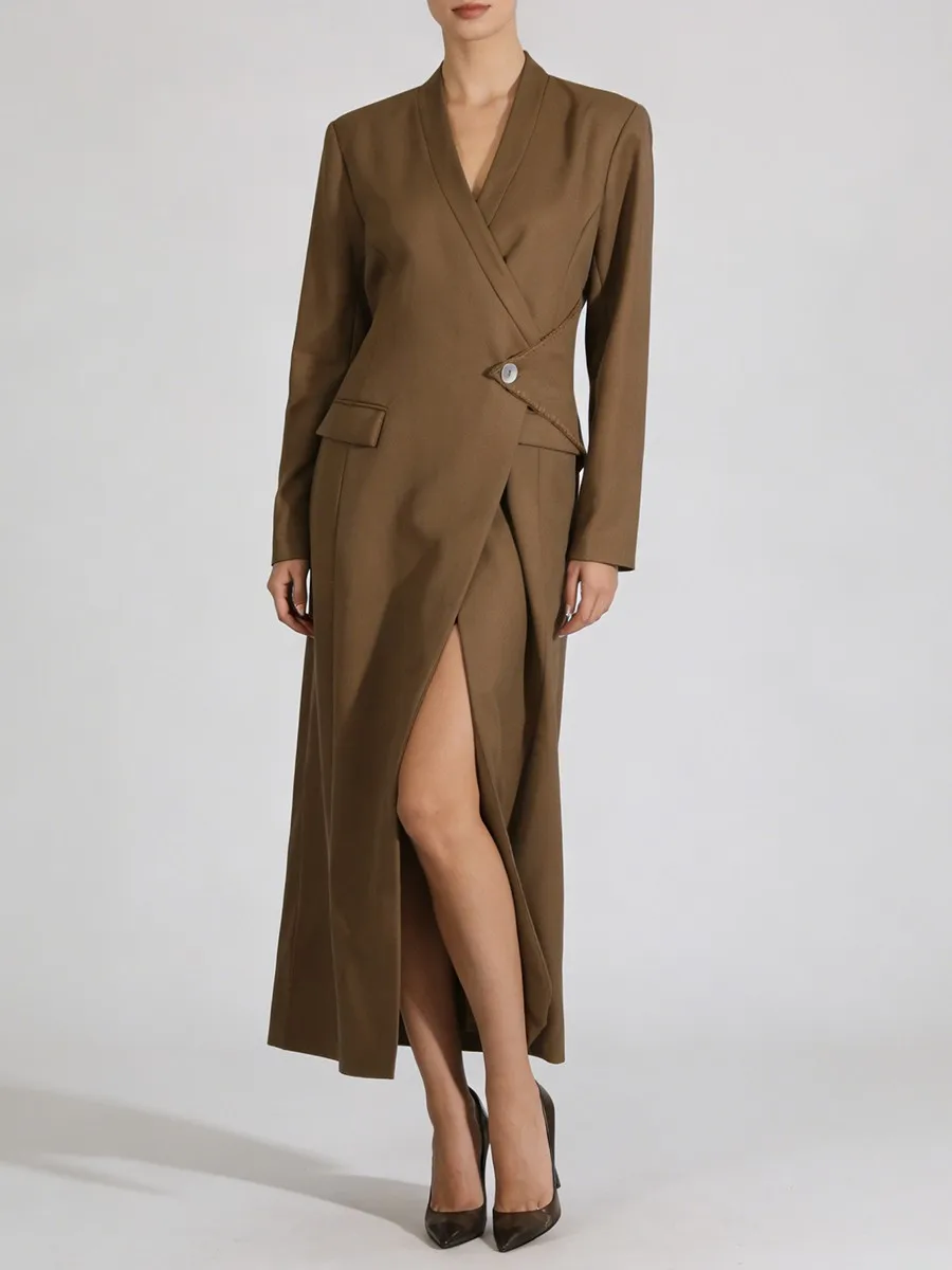 TWOTWINSTYLE موضة التخسيس تقسم زر الخنادق غير النظامية للنساء الخامس الرقبة طويلة الأكمام تصميم تحسس خندق الملابس النسائية