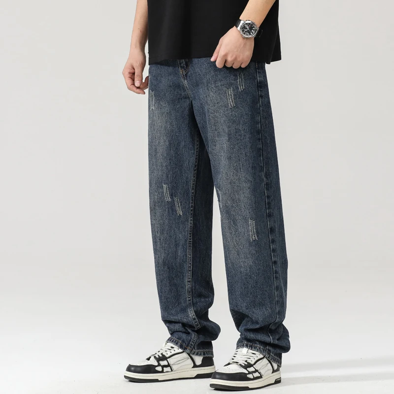 American Style Vintage Washing Distressed Jeans Men Trendy Loose Fit Straight Leg Wide Leg Casual Trousers New Arrival Spring