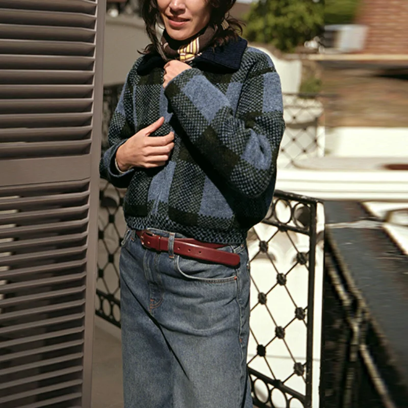 

Свитер с контрастной сеткой, пальто для женщин, куртки на молнии с длинными рукавами и лацканами, винтажная сине-зеленая клетчатая верхняя одежда, новинка 2025, женские пальто