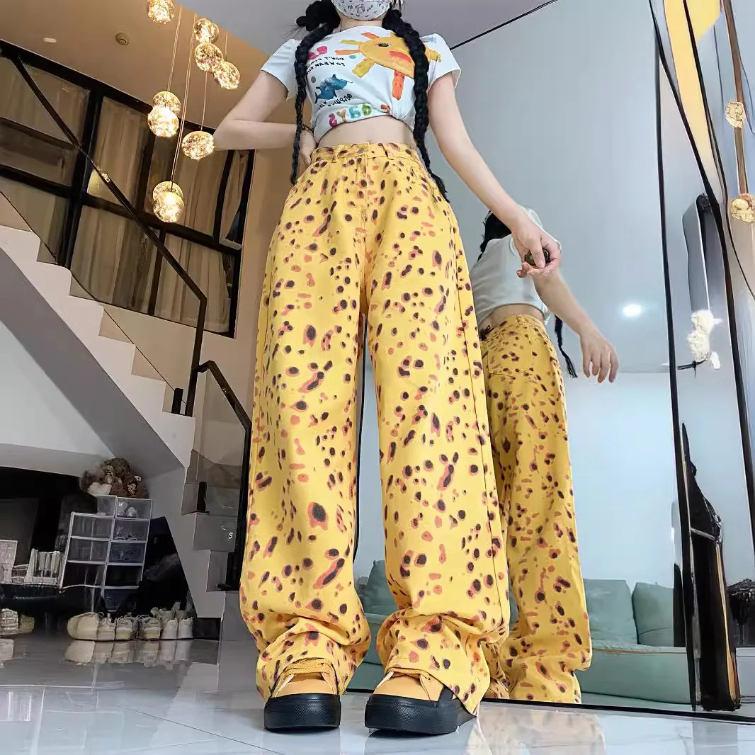 Leopard print casual pants for women in autumn, loose  wide leg niche design, straight leg, floor length, high waisted pants