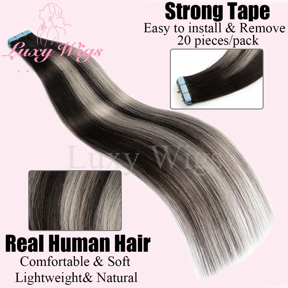Highlights Gray Tape in Hair Extensions Human Hair Straight Black Blonde Seamless PU Skin Weft Tape In Hair Extensions 20PCS