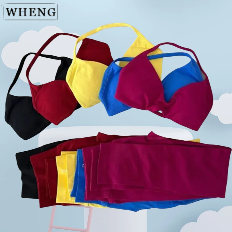 

WHENG спортивный комплект, женский комплект из двух предметов, бюстгальтер для йоги на бретелях, топ, леггинсы для тренировок, костюм для фитнеса, бесшовный комплект спортивной одежды, 2 шт.