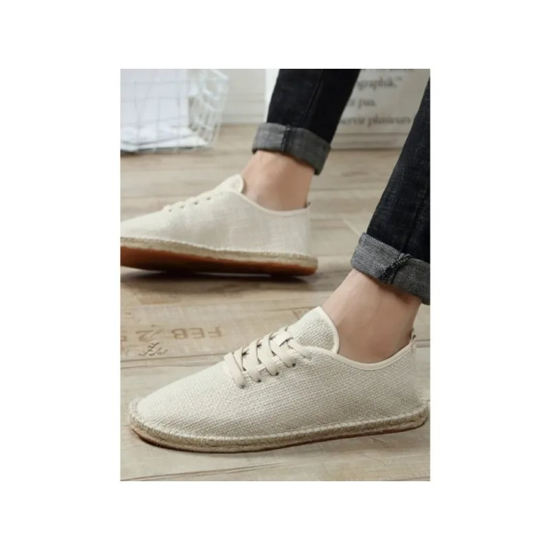 Mens Linen Cloth Flats Shoes Casual Fisherman Solid Color Driving Footwear Summer Breathable Casual Fashion Men Lace-up Shoes